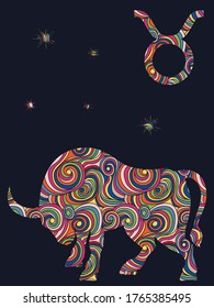 Zodiac sign Taurus fill with colorful muted wavy shapes on the dark gray background with stars and astrological symbols, vector illustration