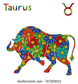 Zodiac sign Taurus with filling of colorful stylized flowers on a white background, vector illustration