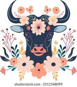 Zodiac sign Taurus with floral flora, vector illustration, white isolated background.