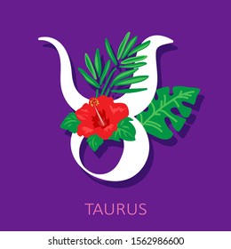 Zodiac sign Taurus with flowers isolated on purple background.  Zodiac constellation. Vector illustration for horoscope and astrological forecast.