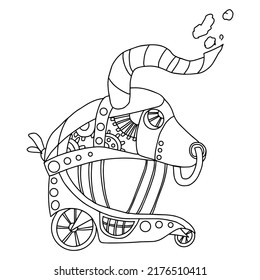 Zodiac sign taurus in the form of a steampunk-style airship. Illustration of an Astrological element in steampunk style, drawn in a linear doodle style. Drawing for a calendar or coloring book.