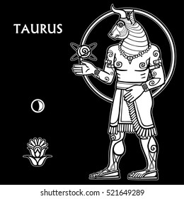  Zodiac sign Taurus. Full growth. White drawing isolated on a black background, based on motives of Sumerian art. Vector illustration.