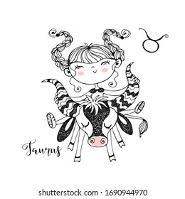 Zodiac sign Taurus. Funny children's horoscope in Doodle style. Vector