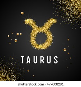 Zodiac Sign Taurus Gold Tinsel, scattered on black background