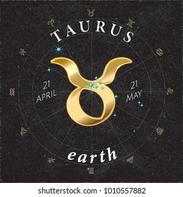 Zodiac Sign Taurus Golden Logo and Earth Lettering with Taurus Constellation Stars and Dates in Zodiac Circle - Gold and White Elements on Black Rough Paper Background - Vector Mixed Graphic Design