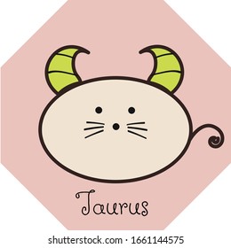 Zodiac sign Taurus, hand drawn cute cartoon vector with light brown rats/ seals/ otters/ sea lions with yellow horns isolated on pink background