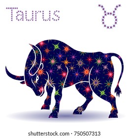 Zodiac sign Taurus, hand drawn vector stencil with stylized stars isolated on the white background