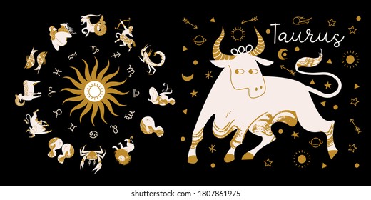 Zodiac sign Taurus. Horoscope and astrology. Full horoscope in the circle. Horoscope wheel zodiac with twelve signs vector. 