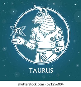 Zodiac sign Taurus. Image of the person - a centaur. White drawing based on motives of Sumerian art. Background - the star sky. Vector illustration.