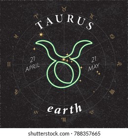 Zodiac Sign Taurus Inverted Logo and Earth Lettering with Taurus Constellation Stars and Dates in Zodiac Circle - Gold and White Elements on Black Rough Paper Background - Vector Mixed Graphic Design