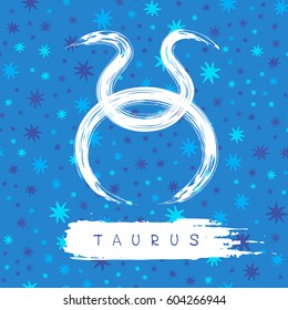 Zodiac sign Taurus isolated on blue background. Blue stars pattern. Design element for flyers or greeting cards.