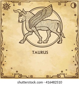 Zodiac sign Taurus. Linear drawing, vector illustration. Background - imitation of old paper. The place for the text.