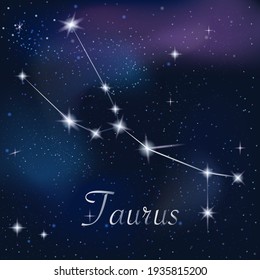 Zodiac sign Taurus on against the background of the starry sky. Constellation Taurus on starry night background. Astrological zodiac against the background of space.