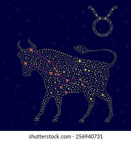 Zodiac sign Taurus on a background of the starry sky with the scheme of stars in the constellation, vector illustration