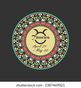 Zodiac sign Taurus in a round paterned frame. Multi-colored icon, emblem on a black background. Vector illustration svg