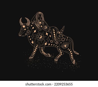 Signo zodiaco Taurus. Silhouette de un signo astrológico dorado; en un fondo oscuro. Ilustración mágica. Una mujer monta un toro. Logo de estilo moderno. Plantillas de diseño de Boho. dibujos mágicos.