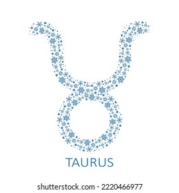 Zodiac sign Taurus with snowflakes isolated on white background. New Year zodiac constellation. Design element for horoscope and astrological forecast. Vector illustration.