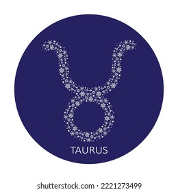 Zodiac sign Taurus with snowflakes isolated on a blue background. New Year zodiac constellation. Design element for horoscope and astrological forecast. Vector illustration.