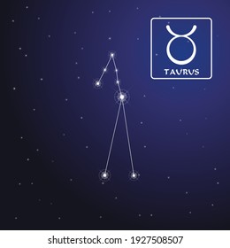 Zodiac sign Taurus in the starry sky. Schematic representation of the zodiac sign with its name and symbol