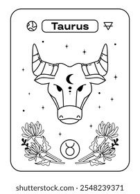 Signo del zodiaco - Tauro. Símbolo del horóscopo del zodiaco. Toro en estilo lineal. Ilustración vectorial plana en blanco y negro, eps10