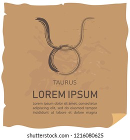 Zodiac sign Taurus with text frame on craft paper background. Grunge style. Zodiac constellation. Design template for horoscope and astrological forecast.