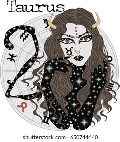 Zodiac sign Taurus -  Vector illustration of the girl with long  hair and big eyes  -  Girl symbolizes the zodiac sign Taurus. 