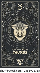 Zodiac sign Taurus, vintage astrological graphic card for calendar, mystical black background, horoscope. Modern realistic vector illustration, hand drawn.