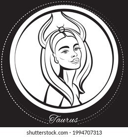 Zodiac sign Taurus woman. Pop art illustration. Line art, ideal for poster, print, postcard, colouring book.	
