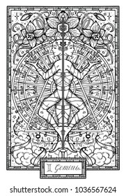 Zodiac sign Twins or Gemini with narcissus flower and lucky numbers. Hand drawn fantasy graphic vector illustration in frame. Black and white doodle mystic drawing with engraved horoscope symbol