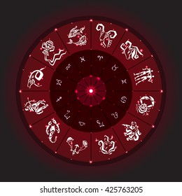 Zodiac sign. Vector hand drawn illustration. Zodiac circle with horoscope signs