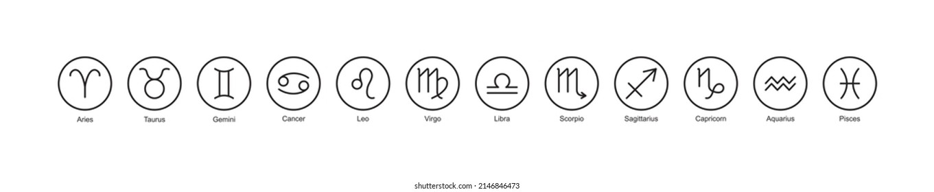 Zodiac sign vector, horoscope line icon, astrology star symbol, twelve element set, black circle pictogram  isolated on white background. Simple line illustration