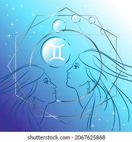 Zodiac sign. Vector illustration of Gemini as a girl. Horoscope symbol on square background