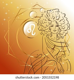 Zodiac sign. Vector illustration of Leo as a girl. Horoscope symbol on square background