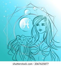 Zodiac sign. Vector illustration of Pisces as a girl with fish. Horoscope symbol on square background