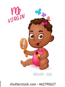 Zodiac Sign VIRGIN. African American Baby Girl Enjoys Makeup. Girl Painted Her Mother's Lipstick. She looks in the mirror, and she likes the reflection. Butterflies fly over the child