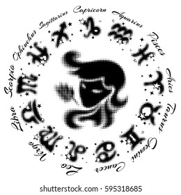 zodiac sign Virgo 13 characters, vector illustration
