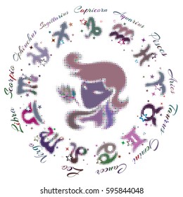 zodiac sign Virgo 13 characters, vector illustration