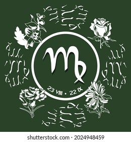 Signo zodiaco de Virgo del 23 de agosto al 22 de setiembre. Logo del Horoscopio en un fondo verde oscuro. Flores druidas: rosa, delfinio, clavel, pasador.