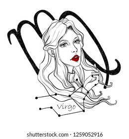 Zodiac sign Virgo. Beautiful girl with red lips on white isolated background. Zodiac constellation. Vector illustration