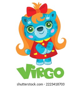 zodiac sign Virgo, blue cat in a dress and with red hair, year of the cat, isolated object on a white background, cartoon illustration, vector, eps