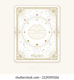 Zodiac sign Virgo card. Astrological horoscope symbol with moon phases. Graphic gold icon on a white background. Vector line art illustration