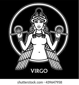 Zodiac sign Virgo. Character of Sumerian mythology. The linear drawing, white contour isolated on a black background. Vector illustration. Print, posters, t-shirt, textiles.