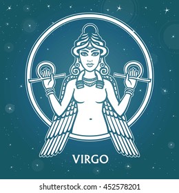 Zodiac sign Virgo. Character of Sumerian mythology. Background - the star sky. Vector illustration.