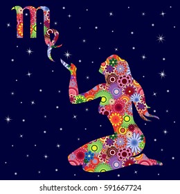 Zodiac sign Virgo with colorful flowers fill on a background of the dark blue starry sky, vector illustration