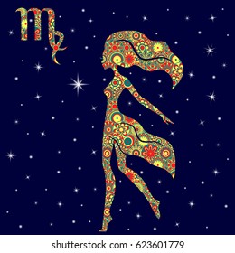 Zodiac sign Virgo with colorful flowers fill in warm hues on a background of the dark starry sky, vector illustration