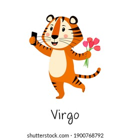 The zodiac sign Virgo. Cute tiger with flowers takes a selfie. Concept of horoscope for 2022, year of tiger according to Chinese calendar. Vector stock flat hand-drawn illustration isolated on white