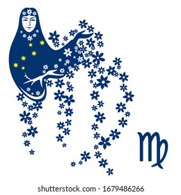 The zodiac sign Virgo. Demeter-the goddess of fertility throws flowers. Vector illustration isolated on a white background.