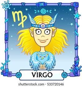 Zodiac sign Virgo. Fantastic animation animal. A background - the star sky, a decorative frame. Vector illustration.