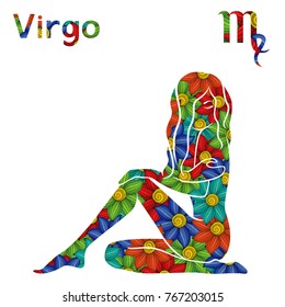 Zodiac sign Virgo with filling of colorful stylized flowers on a white background, vector illustration