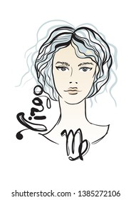 Zodiac sign Virgo in the form of a beautiful girl whose hair is similar to the waves of the sea